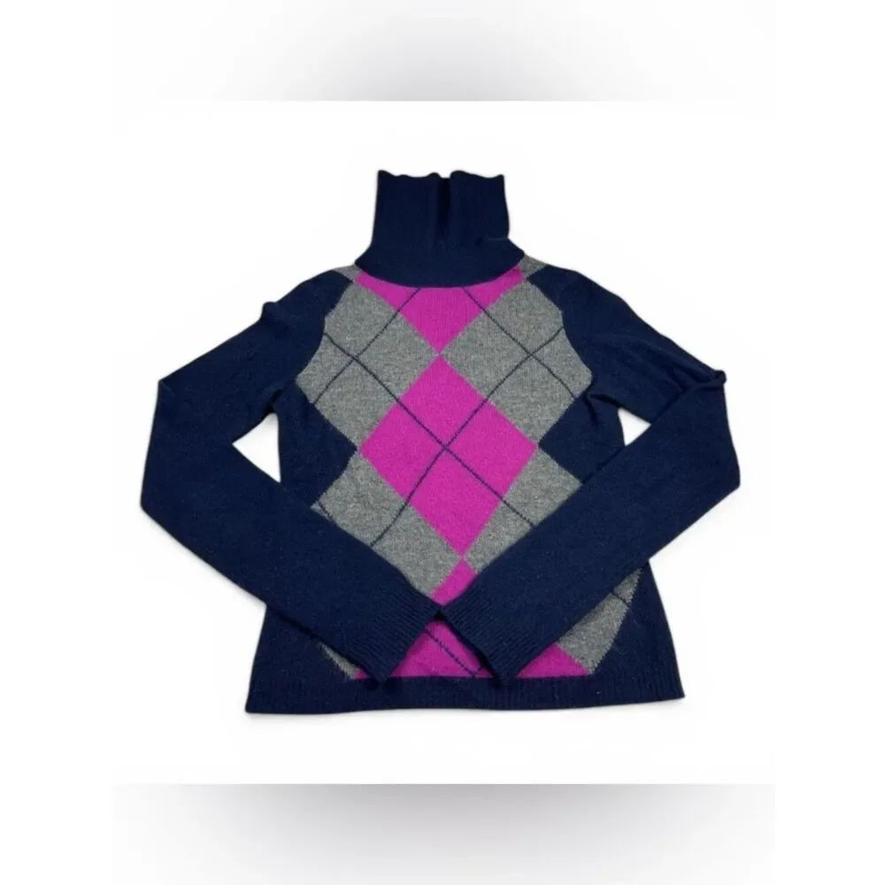 Theory Womens Cashmere Turtleneck Sweater Argyle Soft Cozy Knit Lightweight L